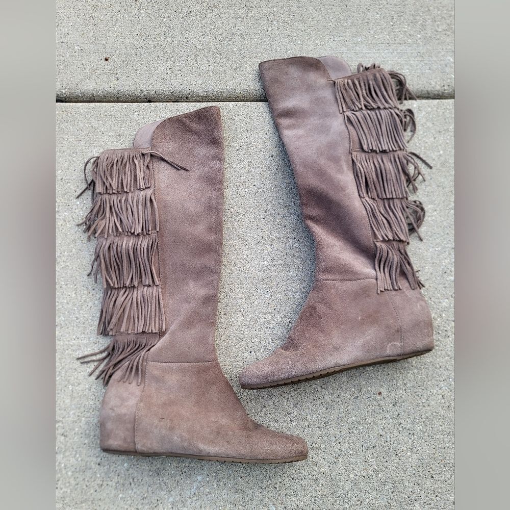 Isola Tavora Havana Nude Brown Fringe Suede Leather Knee High Boots 8M